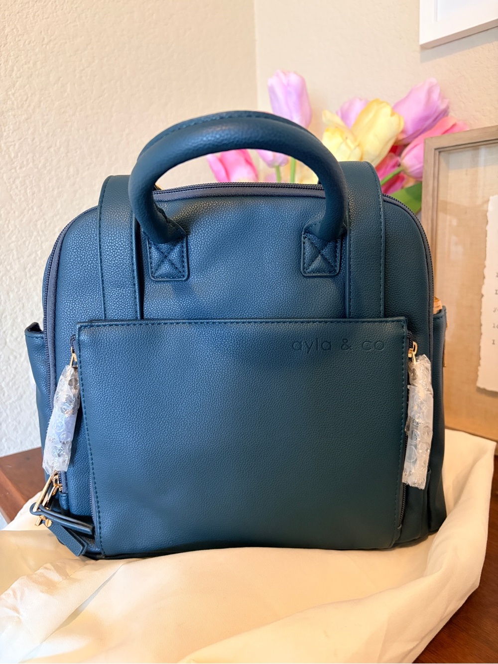 New Ayla & Co Mini Bag Peacock Vegan Leather Convertible Diaper Bag + Dust Bag